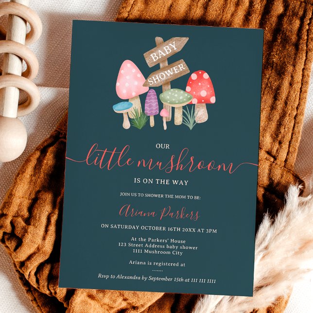 Sötfilamentsvampar, babydusch inbjudningar (Cute fall fairy woodland mushrooms baby shower invitation on dark blue)