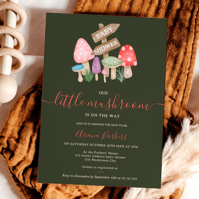Sötfilamentsvampar, babydusch inbjudningar (Cute fall fairy woodland mushrooms baby shower invitation on dark green)