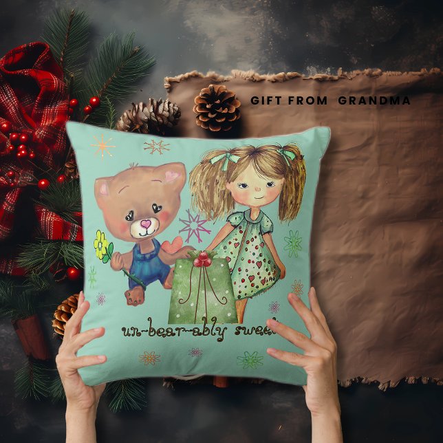 Sötflicka och Nalle Teal Kudde (Sweet Girl and Teddy Bear Teal Throw Pillow)