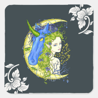 Sötflicka och Unicorn teckning Fyrkantigt Klistermärke
