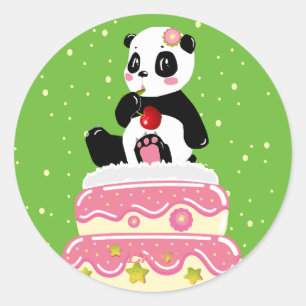 Sötfödelsedag / Fläckpanda med kaka och körsbär Runt Klistermärke