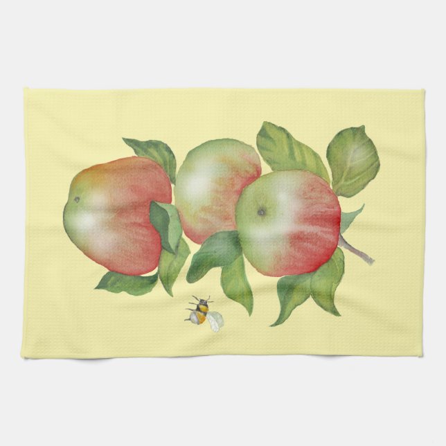Sötharmoni: Vattenfärgäpplen och bin Kökshandduk (Horisontell)