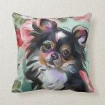 "Söthet" Chihuahua-hund konstkudde Kudde<br><div class="desc">Blommigt hund-kudde med 'Sweetness' chihuahua-design i turkos och korallrött färg</div>