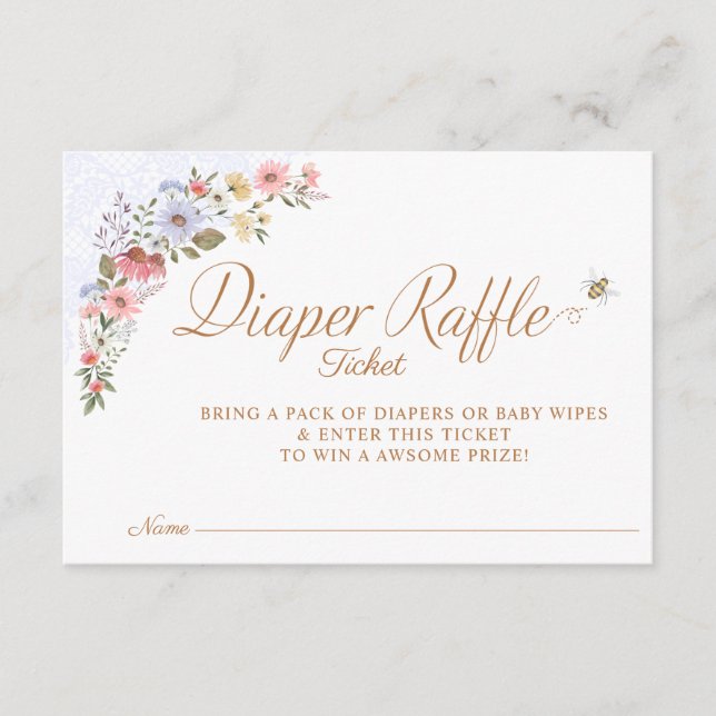 Söthonung Bee Wildblommor Diaper Raffle Biljett Tilläggskort (Framsida)