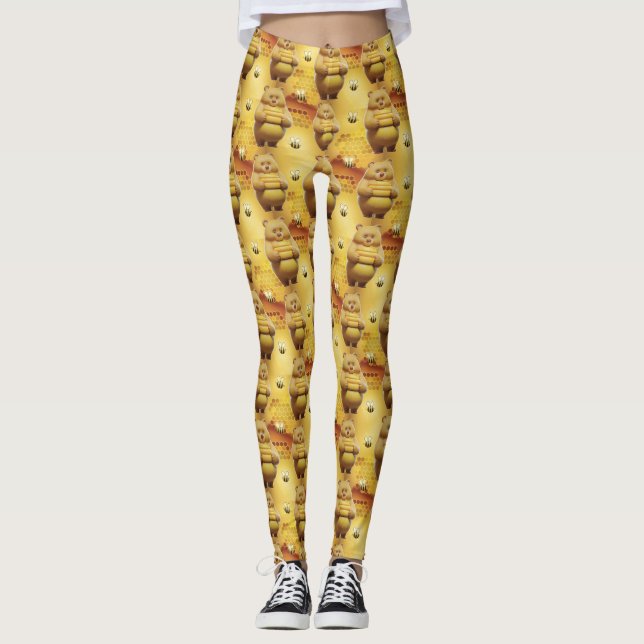 Söthonungsbjörn och bin 3D Sömlösa Mönster Leggings (Framsida)