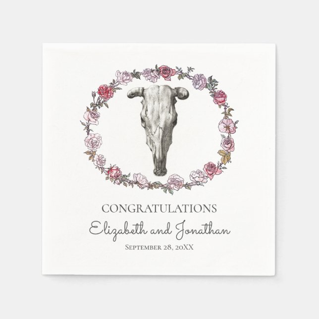 Söthwest Boho Bröllop Cow Skull & Ro Flowers Pappersservett (Framsidan)