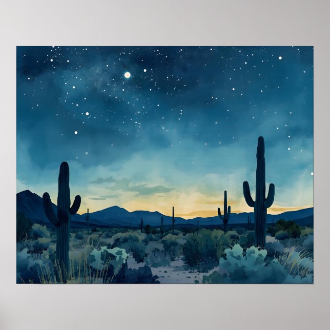 Söthwest Desert Night Himmel med Cacti Poster (Framsidan)