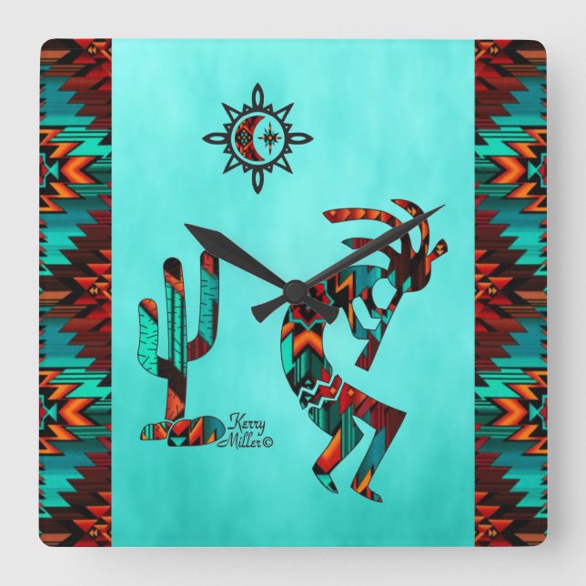 Söthwest Kokopelli Square Wall Clock Fyrkantig Klocka (Framsida)