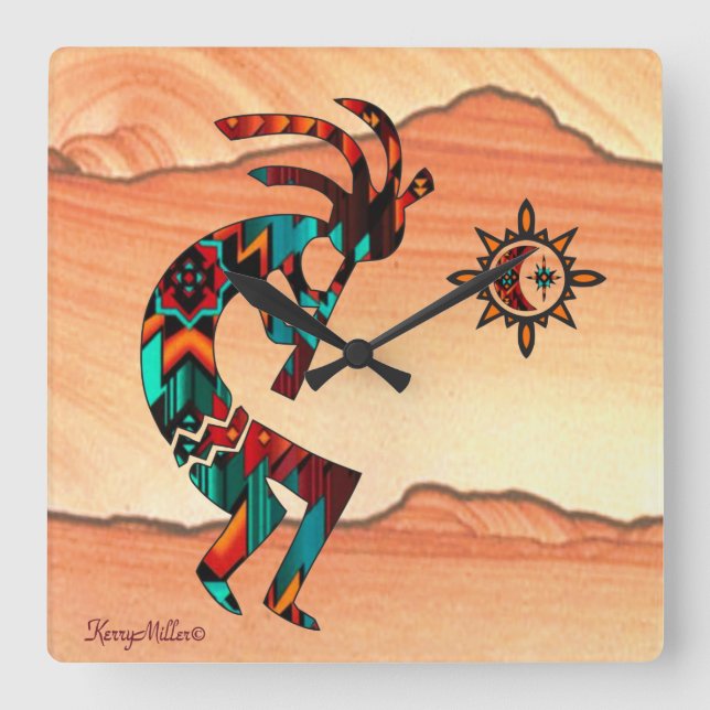 Söthwest Kokopelli Square Wall Clock Fyrkantig Klocka (Framsida)