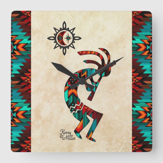 Söthwest Kokopelli Square Wall Clock Fyrkantig Klocka (Framsida)