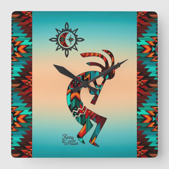 Söthwest Kokopelli Square Wall Clock Fyrkantig Klocka (Framsida)
