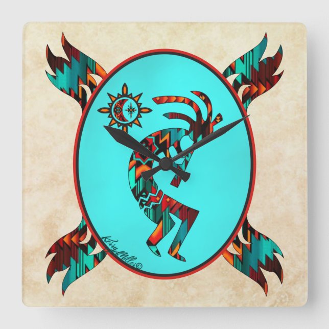 Söthwest Kokopelli Square Wall Clock Fyrkantig Klocka (Framsida)