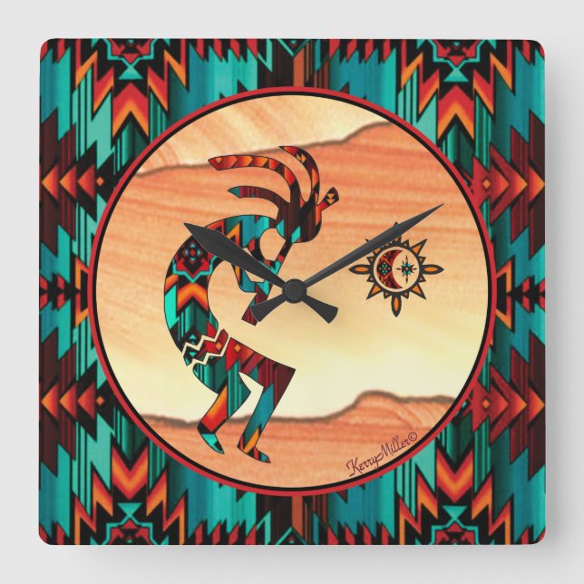 Söthwest Kokopelli Square Wall Clock Fyrkantig Klocka (Framsida)