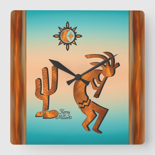 Söthwest Kokopelli Square Wall Clock Fyrkantig Klocka (Framsida)