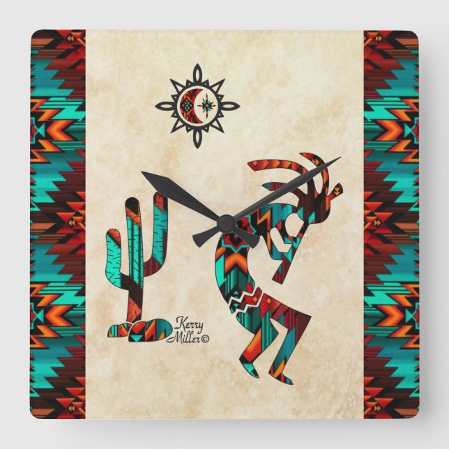 Söthwest Kokopelli Square Wall Clock Fyrkantig Klocka (Framsida)