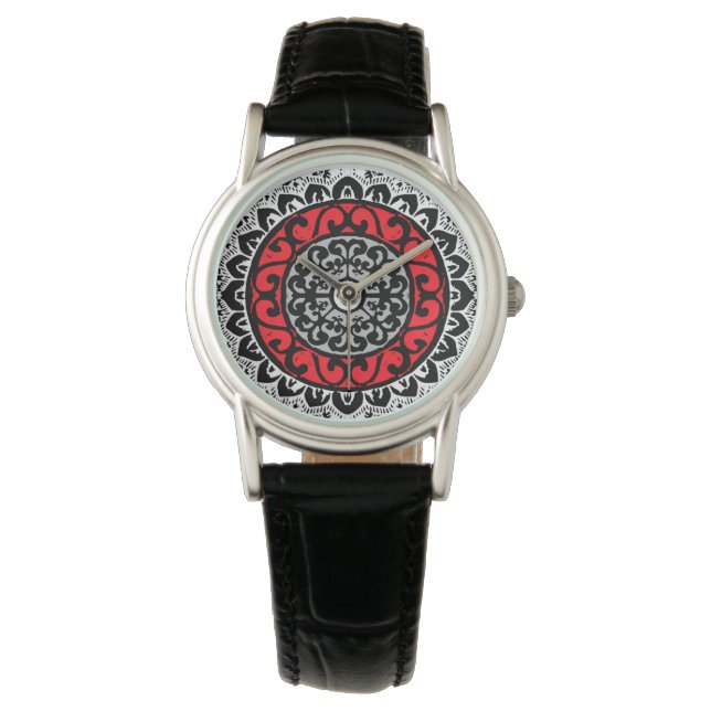 Söthwest Sol Mandala Batik, Red, Black & White Armbandsur (Framsida)