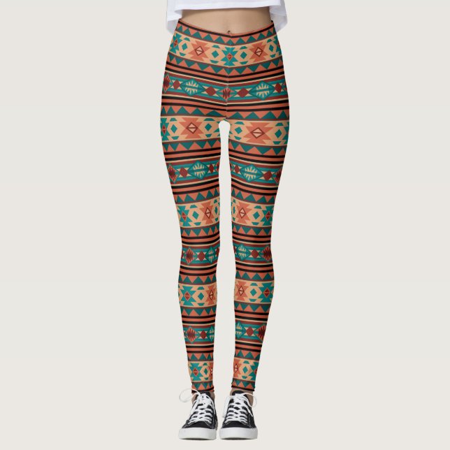 Söthwest Tribal Mönster Turquise Terracotta Leggings (Framsida)