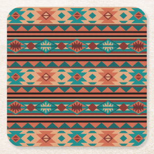 Söthwest Tribal Mönster Turquise Terracotta Underlägg Papper Kvadrat