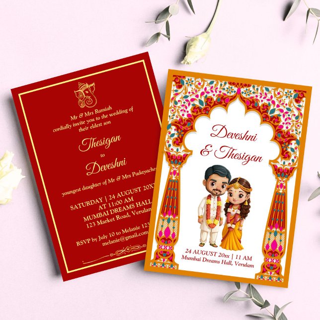Sötkarikatyr av tamilska sydindiska bröllop inbjudningar (Tamil South Indian wedding cute caricature traditional bridal couple Invitation template download)
