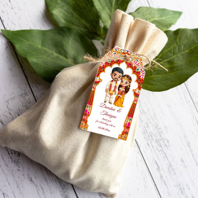 Sötkarikatyrföreställning för tamil Sydindiska brö Presentetikett (Tamil South Indian wedding cute bridal couple caricature cartoon thank you favor Gift Tags)