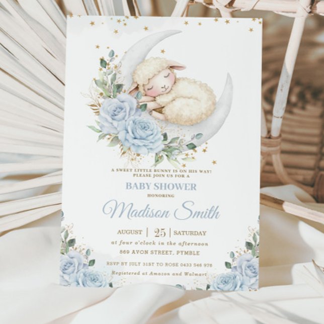 Sötlamm Måne Soft Blue Blommigt Boy Shower Inbjudningar (Skapare uppladdad)