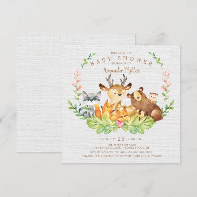 Sötland Forest Animals Baby Shower Inbjudningar (Fram/baksida)
