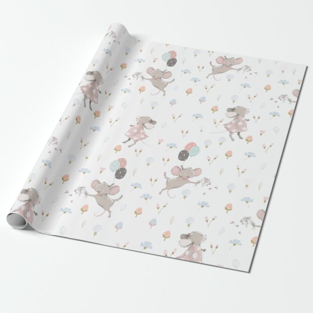 Sötmöss från hand plockade mönster presentpapper (Utrullad)