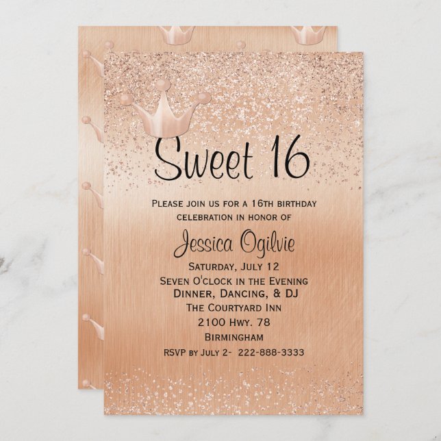 Sötningen ro Guld Krona Guld 16 födelsedagsinbjuda Inbjudningar (Fram/baksida)