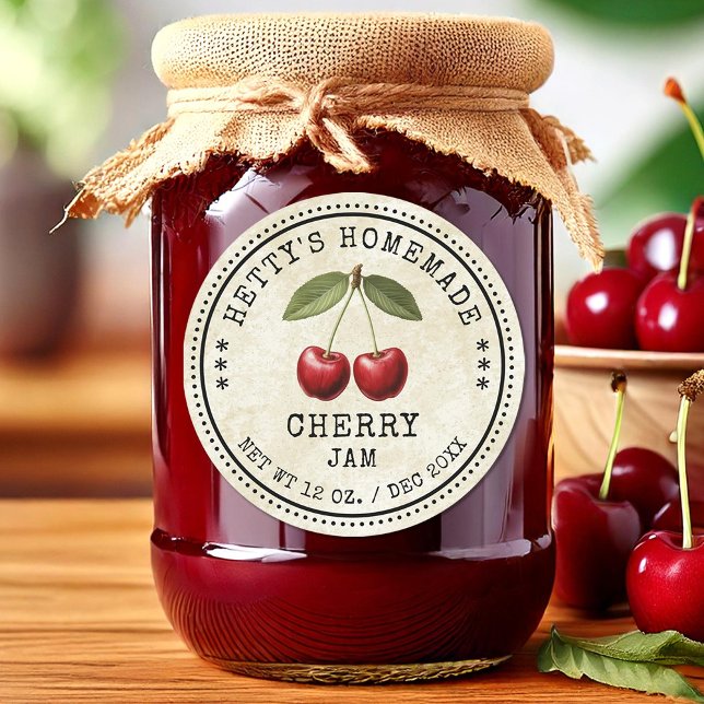 Sötningsetikett för Cherry sylt vintage stil Runt Klistermärke (Skapare uppladdad)