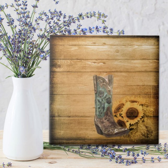 Sötnolla Westerna Land-solroshakan Kakelplatta (Weathered Western Country sunflower cowboy boot Tile)