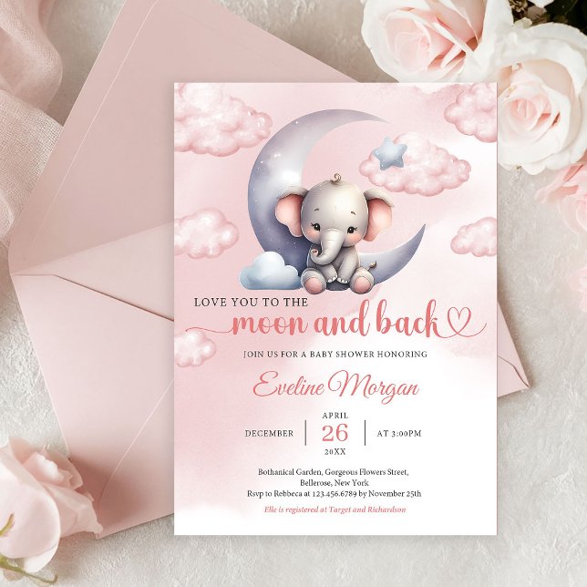 Sötnos elefant måne och tillbaka flicka Baby Showe Inbjudningar (Editable PDF Love to the Moon and Back Elephant Girl Baby Shower Invitation Printable Template)