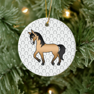 Sötnos illustration av buckskin travhäst julgransprydnad keramik