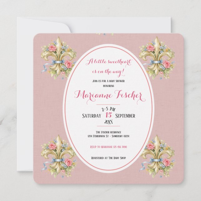 Sötnos rosa Fleur de Lys baby shower inbjudan (Framsida)