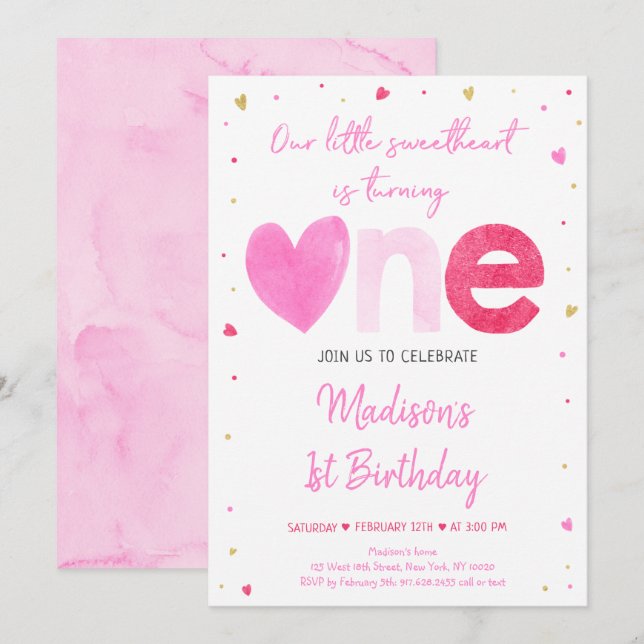 Sötnos Rosa Guld Hearts första födelsedag Inbjudningar (Fram/baksida)