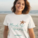 Sötnos, stjärtfenor, bröllop eller heder tee shirt<br><div class="desc">Starfish maid of honor sea/strand/destination bröllopsskjorta med akvblått kalligrafi och redigerbar text. Anpassa det till maid of honor namn.</div>