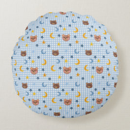 Sötnos Teddybjörn och månmönster på blå gingham Rund Kudde