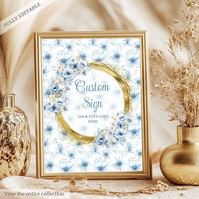 Sötpastel blåa blommor guld boho anpassningsbar te poster (Sweet pastel blue flowers gold boho custom sign)