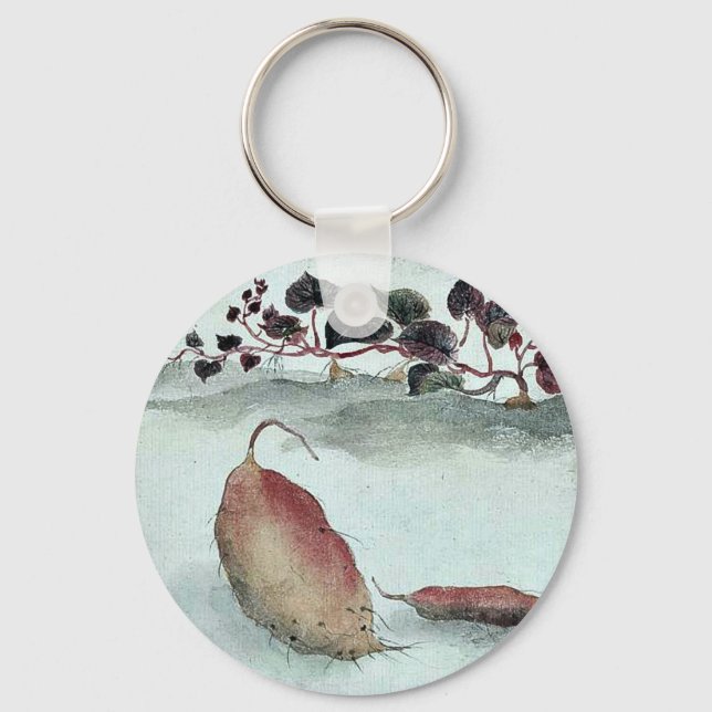 Sötpotatis med växtodling i bakgrunden nyckelring (Framsida)