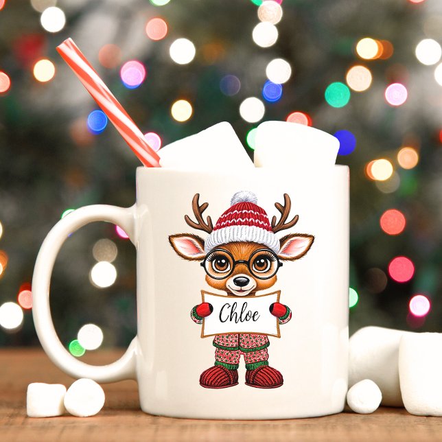 Sötrenar vid jul Pajamas Cocoa Mugg (Cute reindeer Christmas mug with custom name sign. )