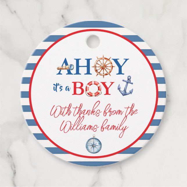 Sötrött rött sjöligt pojkkompass gåvor etiketter (Framsida)