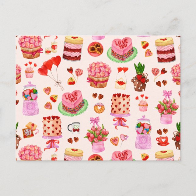 Sötsaker, kakor och Desserter från Valentines day Vykort (Framsida)