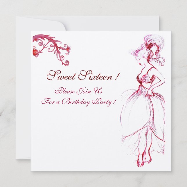 SÖTT 16-ÅRS FÖDELSEDAGSFEST MONOGRAM Röd Rosa Virv Inbjudningar (Framsida)