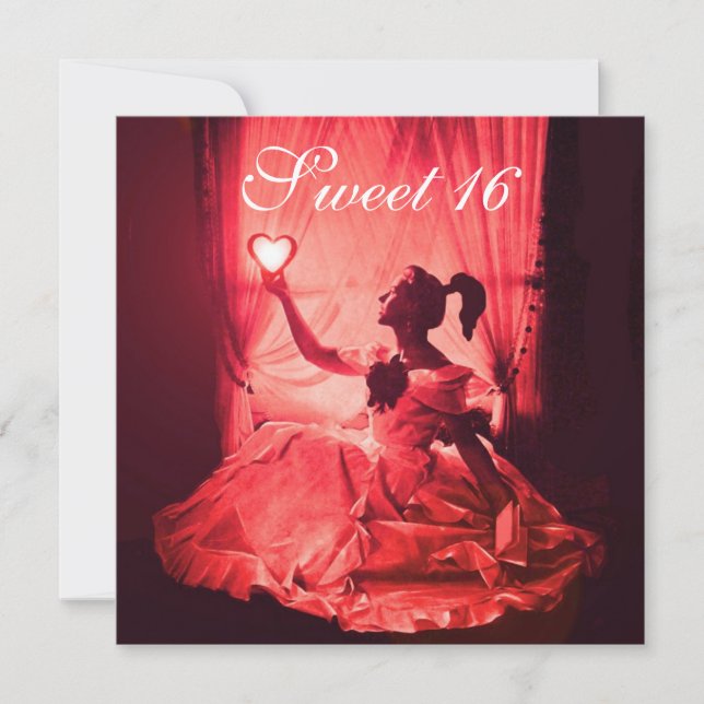 SÖTT 16-ÅRS Födelsedagsfest, RÖD SVART VIT DAMASK Inbjudningar (Framsida)