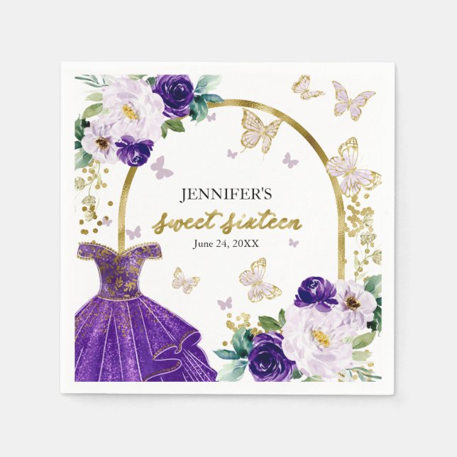 Sött 16 blommigt lila klänning fjärilsservetter pappersservett (Framsidan)