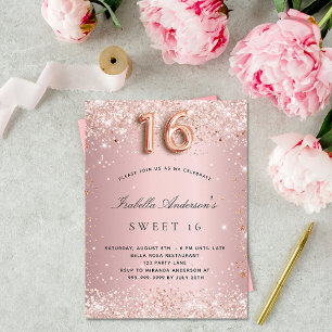 Sött 16 damm från rosa ros guld glitter inbjudan vykort
