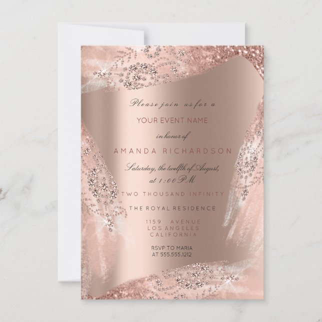 Sött 16:e bröllopsklänning rose gold diamantgnistr inbjudningar (Framsida)