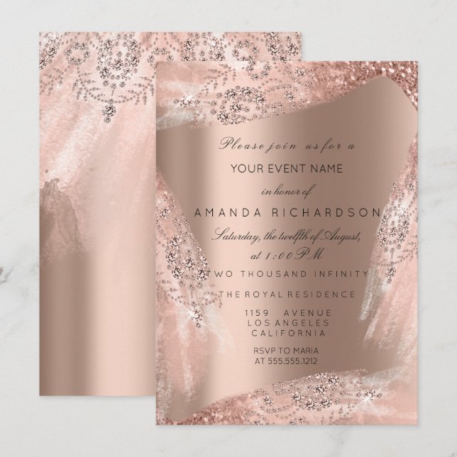 Sött 16:e bröllopsklänning rose gold glitter inbjudningar (Fram/baksida)