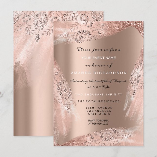 Sött 16:e bröllopsklänning rose gold glitter inbjudningar (Fram/baksida)