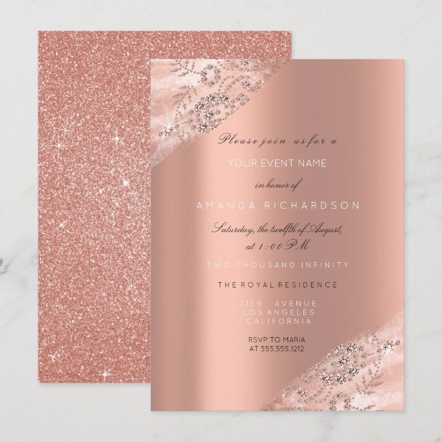 Sött 16:e bröllopsklänning rose peach glitter glän inbjudningar (Fram/baksida)