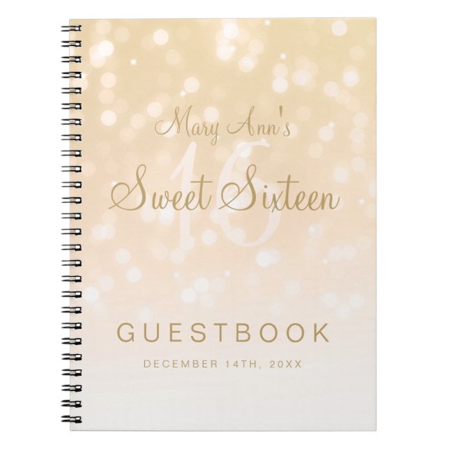 Sött 16 för Bokeh för partyGuestbook guld- ljus Anteckningsbok (Framsidan)